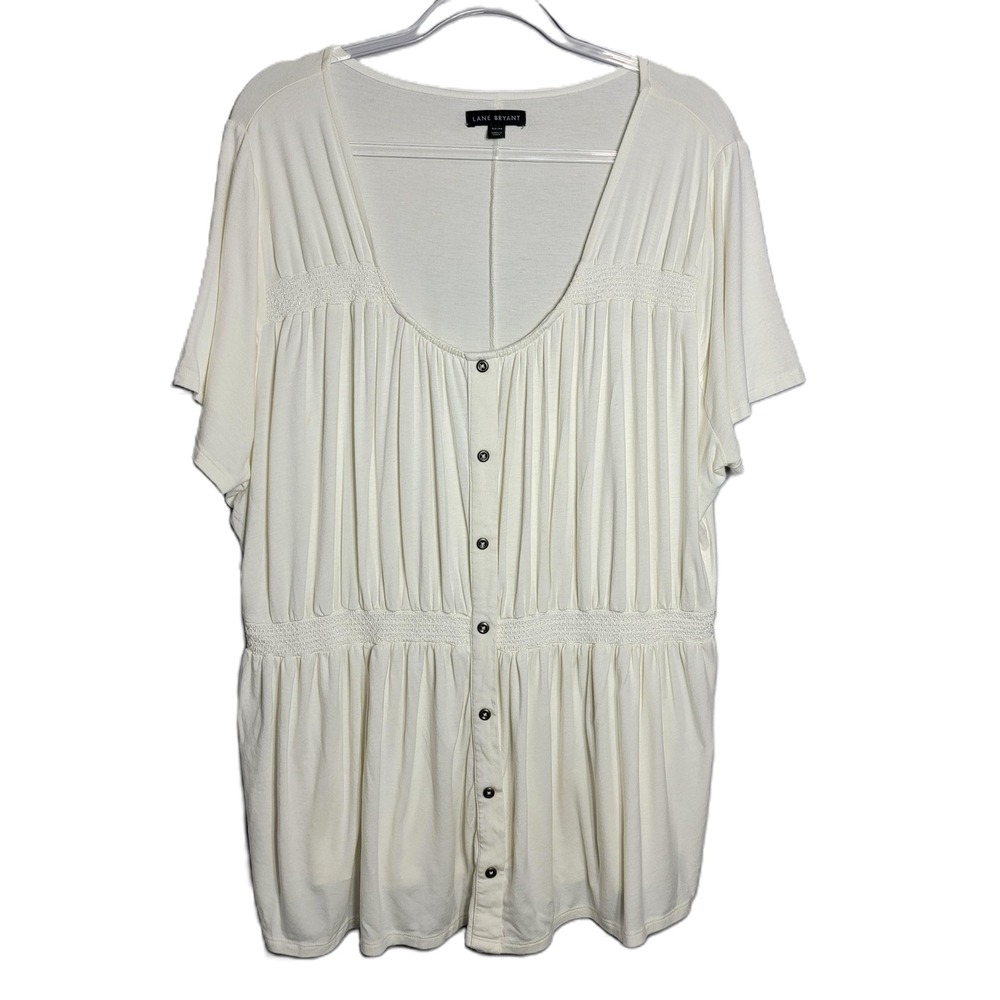Lane Bryant Women 22/24‎ Off White Smocked Button Front Peplum Tunic Top Viscose